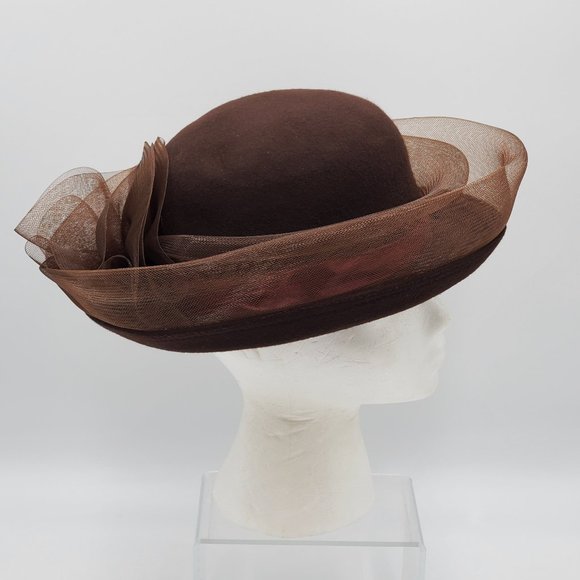 Chocolate Brown Wool Hat with Tulle Trim